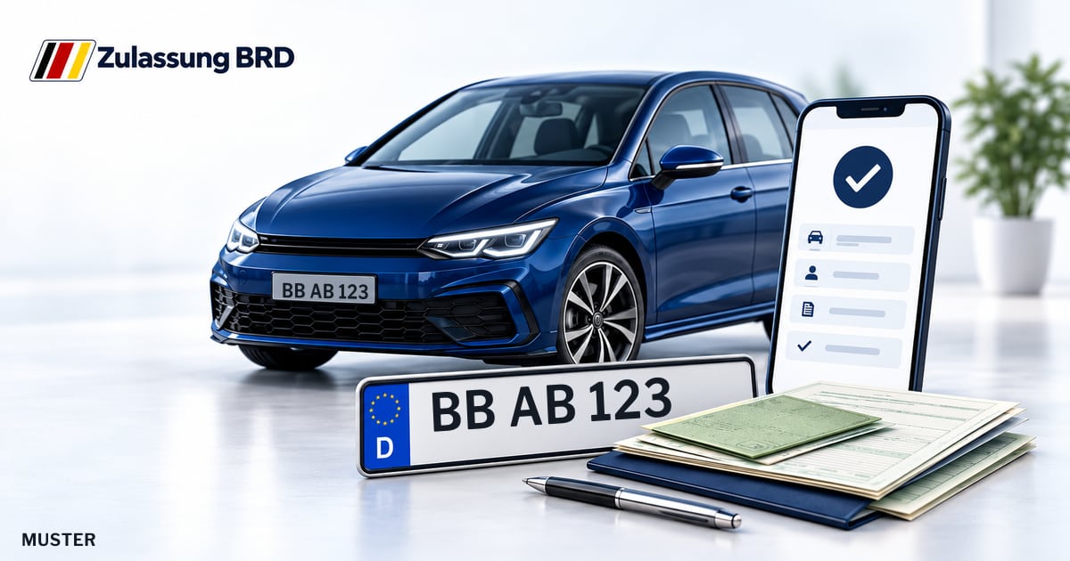 Online Fahrzeugzulassung in Gärtringen: Musterkennzeichen BB AB 123, Auto und Fahrzeugpapiere und Smartphone. Illustration mit Logo von Zulassung BRD.